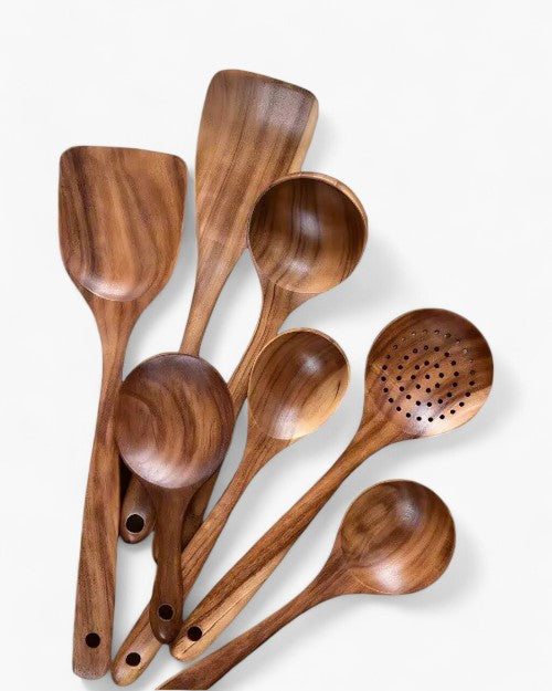 Teakhouten Keukengerei Set | Duurzaam Houten Bestek voor Dagelijks Koken | Zachtvoor Pannen | Elegant Keukenaccessoire | Milieuvriendelijk | Sansoti