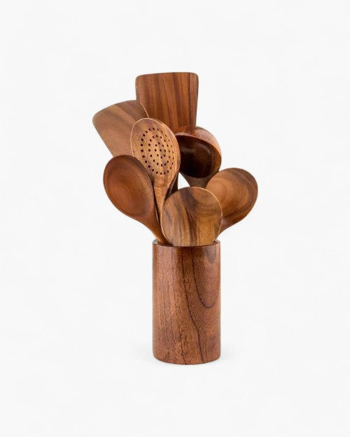 Teakhouten Keukengerei Set | Duurzaam Houten Bestek voor Dagelijks Koken | Zachtvoor Pannen | Elegant Keukenaccessoire | Milieuvriendelijk | Sansoti