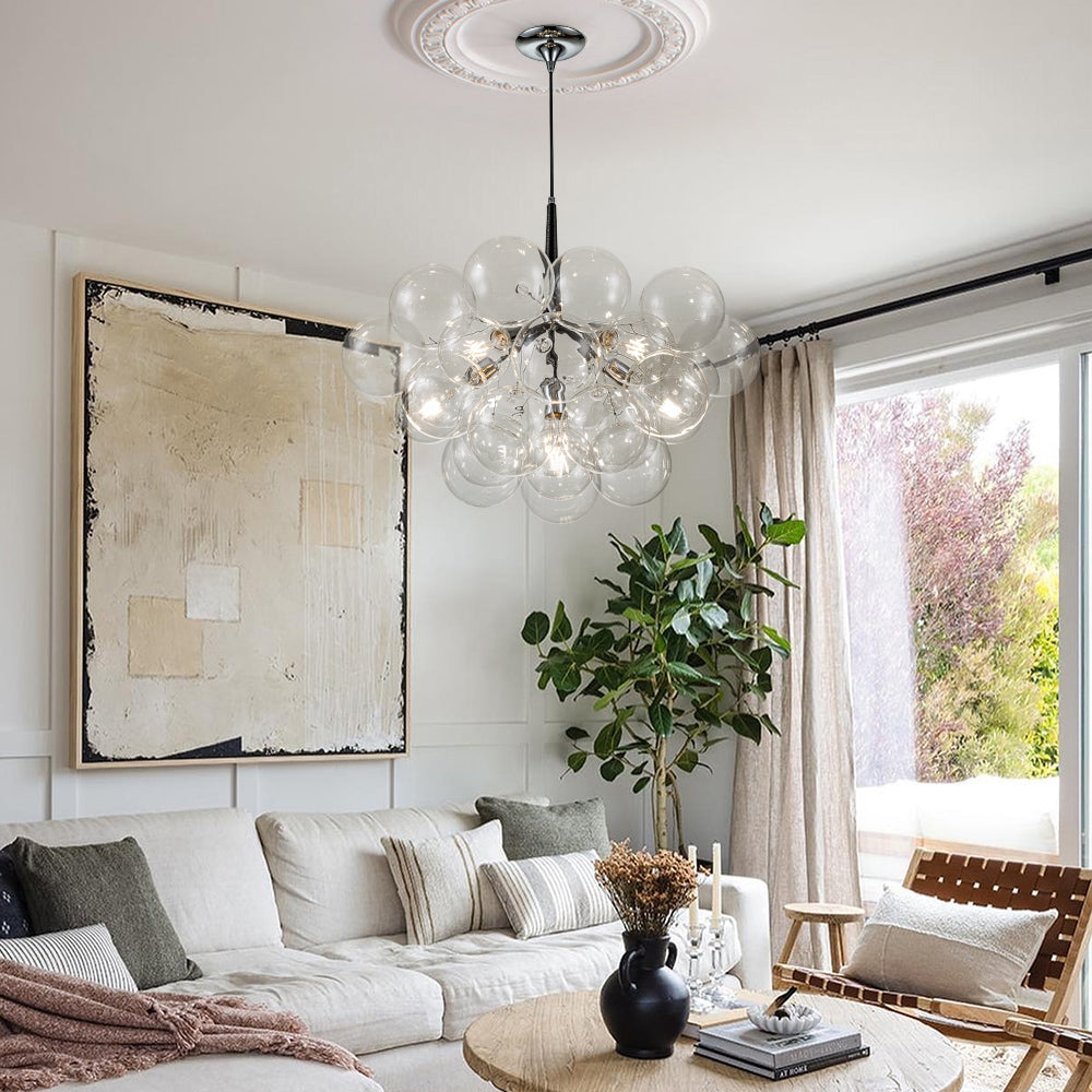 Suspension Boules en Verre Cluster Chrome Blanc Noir 63cm 6 Lumières LED G125 Salon Salle à Manger Chambre Entrée Lustre Bulles Réglable | Restfield
