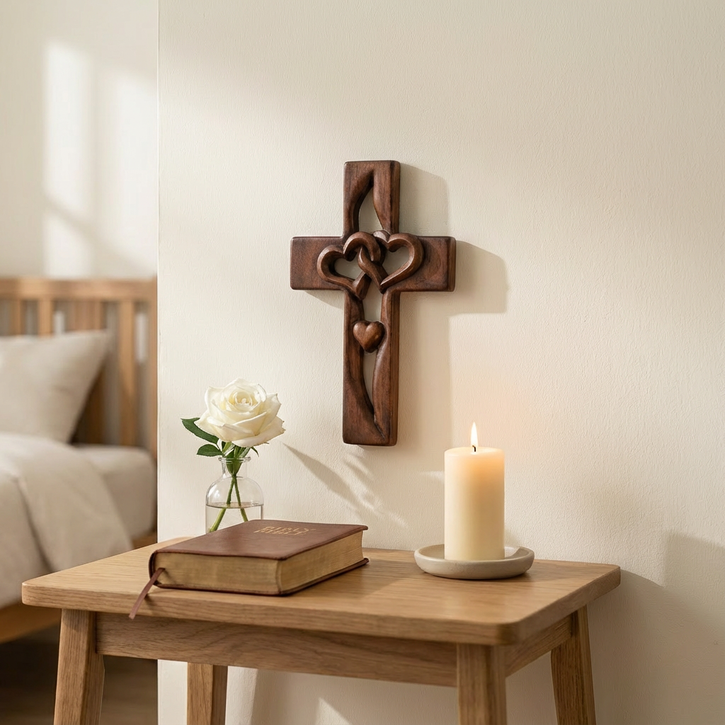 Houten Wandkruis met Gevlochten Harten — Decoratieve Wandversiering voor Geloofsmomenten | Sansoti
