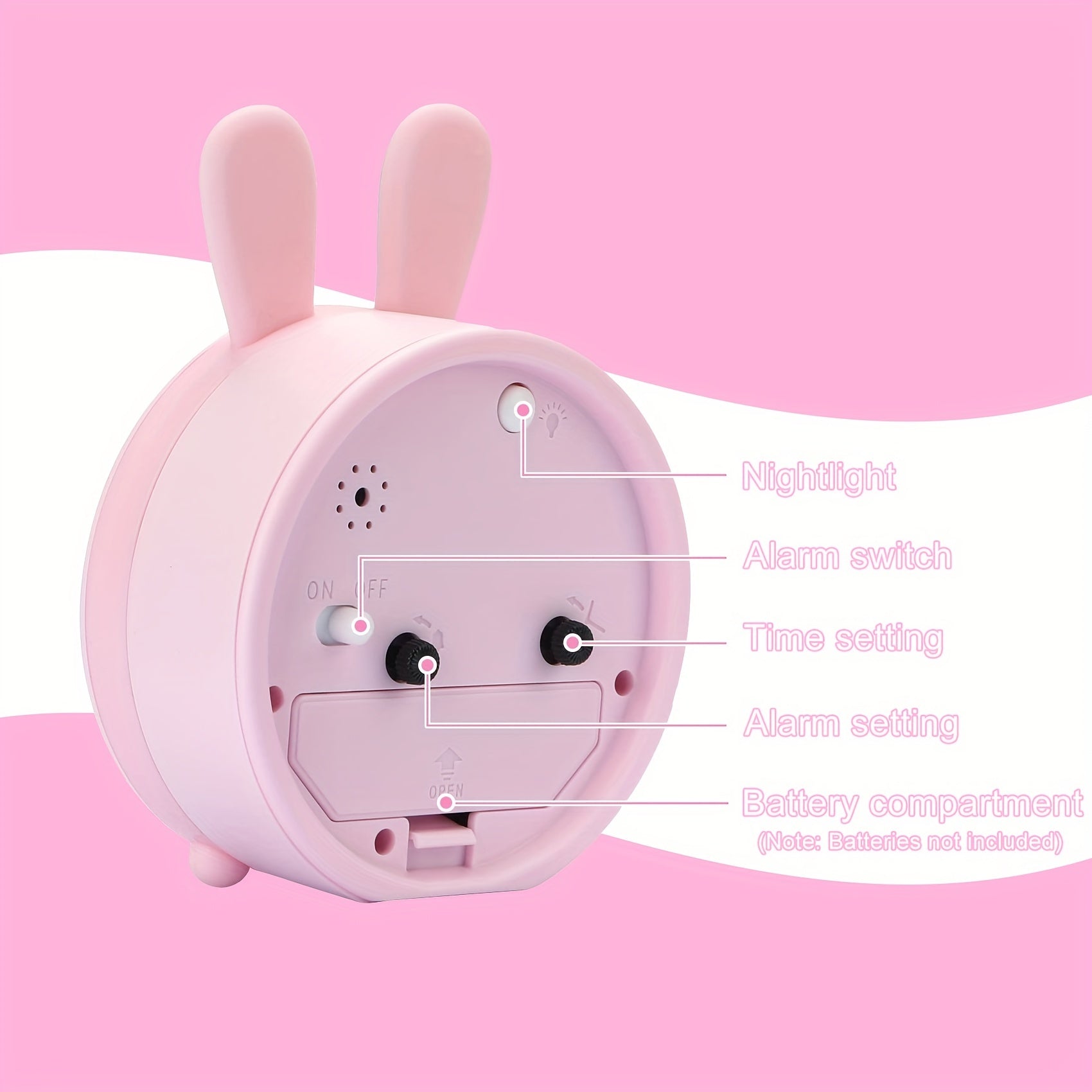 Kinder Wekker Konijn Stil Kunststof Roze Nachtlamp 8,7cm Kinderkamer Bureau Wekker Geluidloos Schattig Design | Sansoti