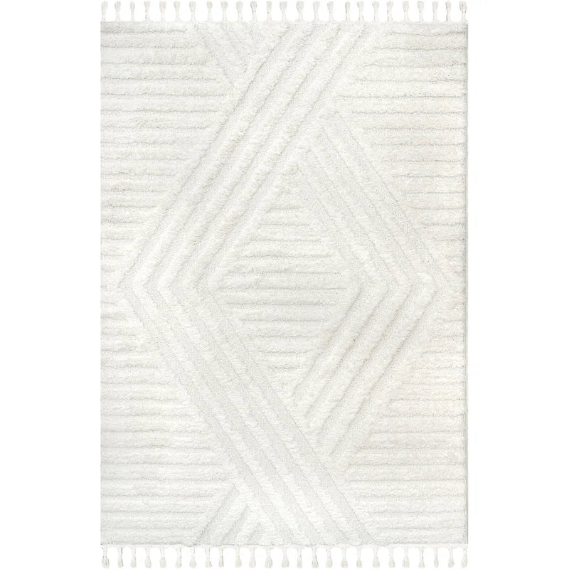 Tapis Japandi Poils Longs Géométrique Franges Crème Polypropylène Salon Chambre | Restfield