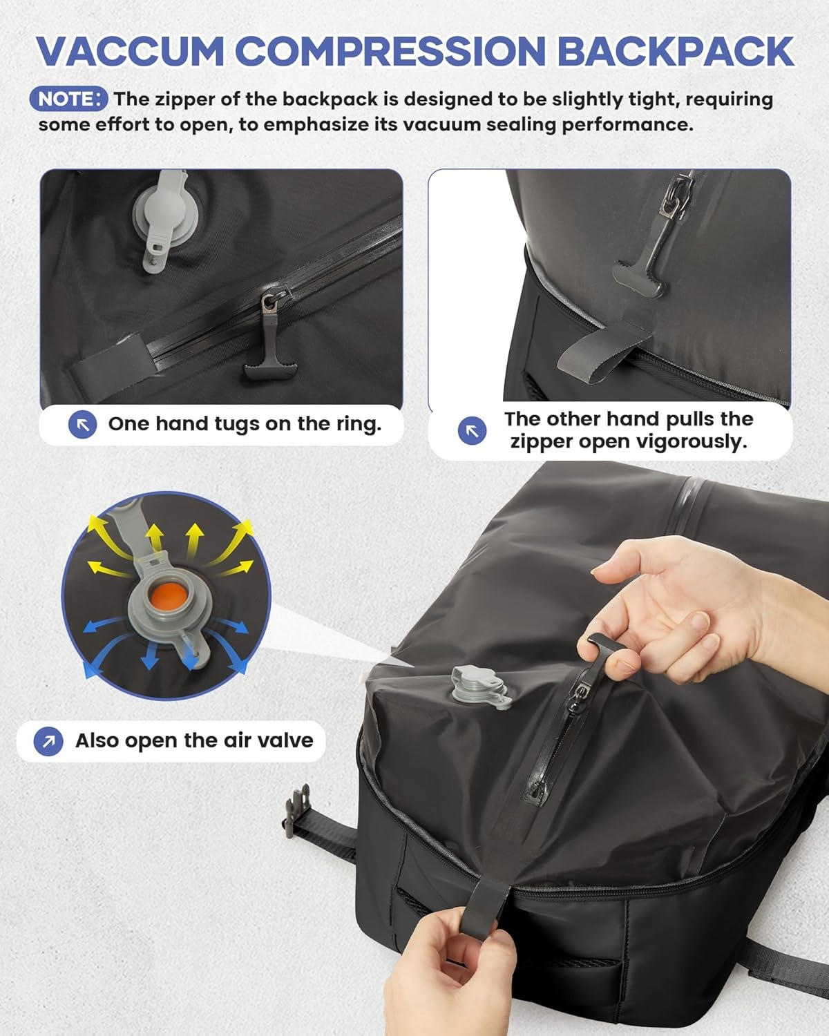 Kompressions-Reiserucksack mit Vakuumpumpe 42x28x15cm, wasserdicht, Oxford, Laptopfach 17 Zoll, Schwarz Beige Grau | Sansoti
