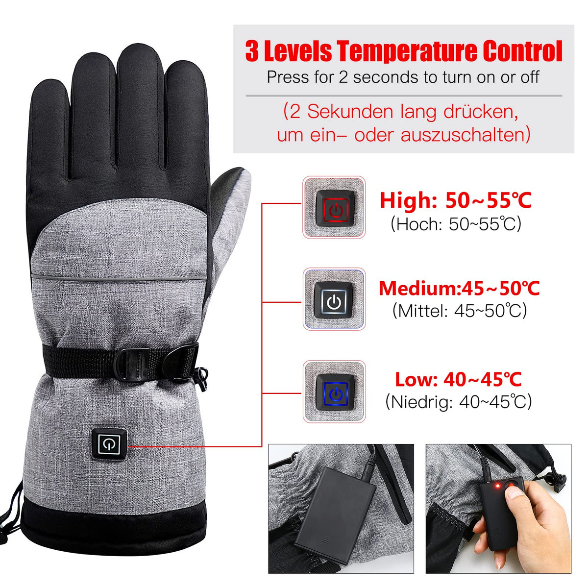 Verwarmde Handschoenen met Touchscreen Functie 3 Warmtestanden Waterdicht voor Wintersport Skiën Snowboarden | Sansoti