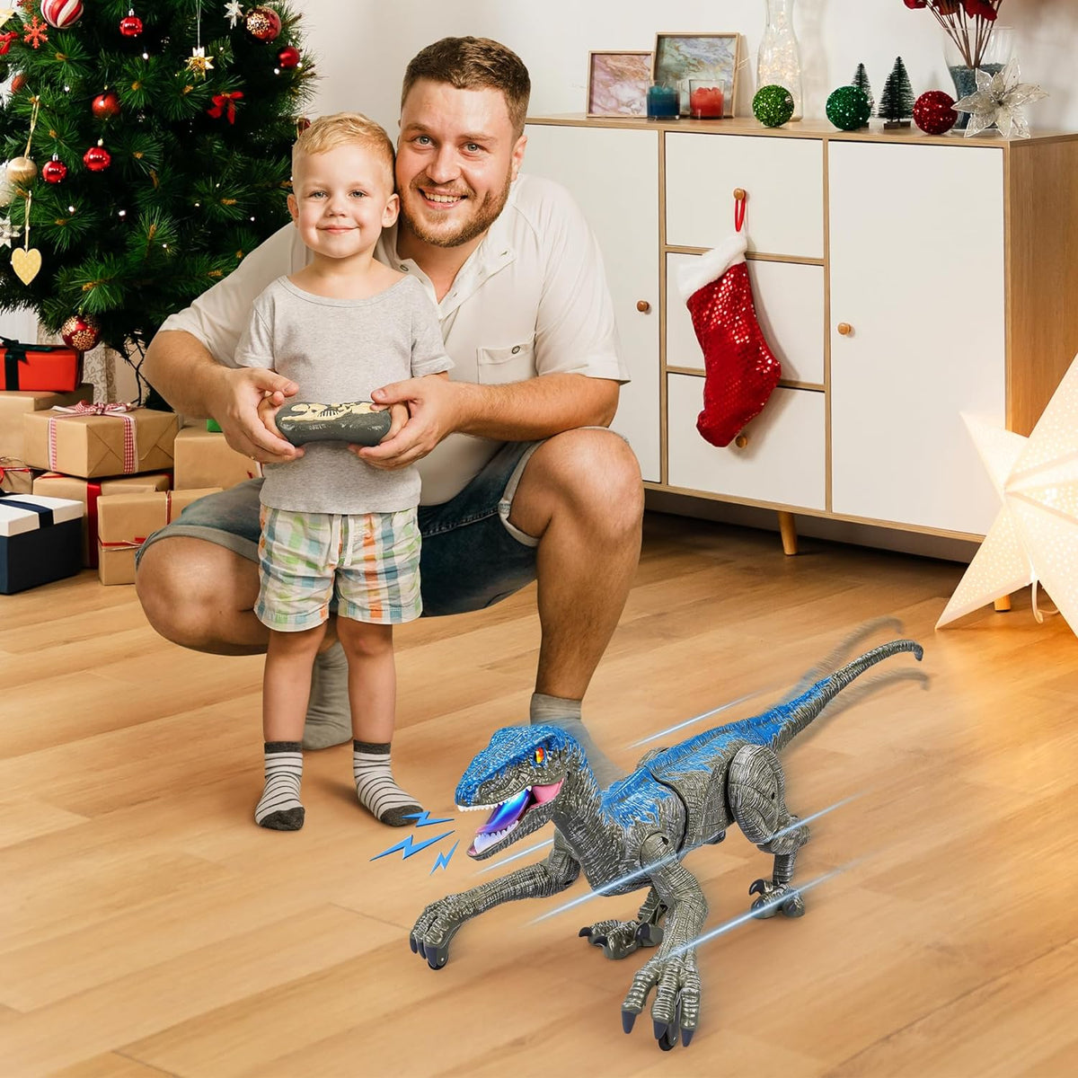 Ferngesteuerter Dinosaurier-Roboter Velociraptor mit Fernbedienung, 45cm, Grau Gelb, Spielzeug für Kinder | Sansoti