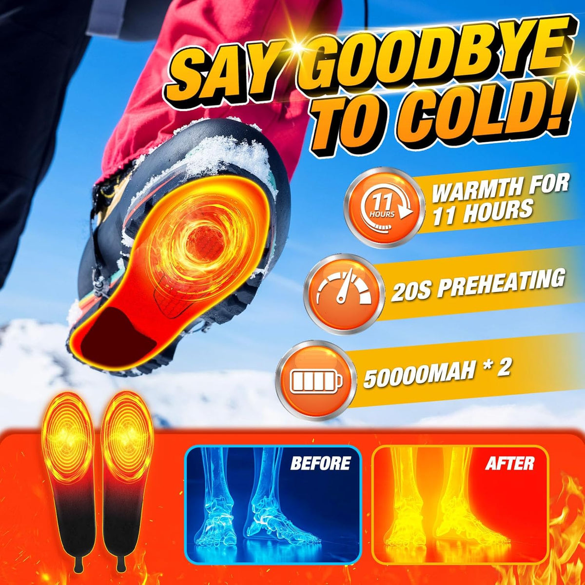 Heated Insoles with Wireless Control Rechargeable Adjustable Heat Level Warm Feet Winter Shoes | Sansoti