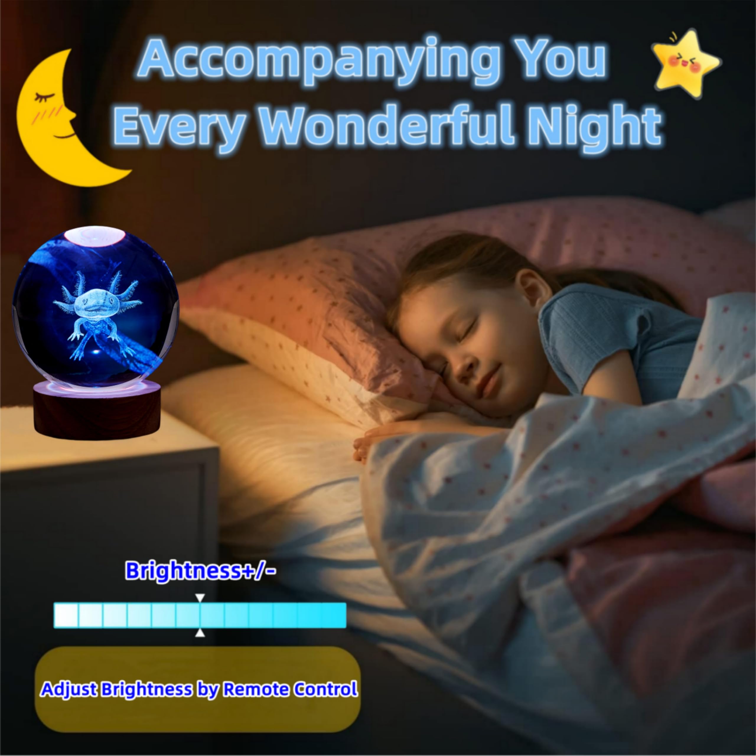 3D Crystal Axolotl Mood Lamp with Wooden Base - 16 Color Light Modes - Ø8cm Crystal Ball with LED Lighting | Sansoti