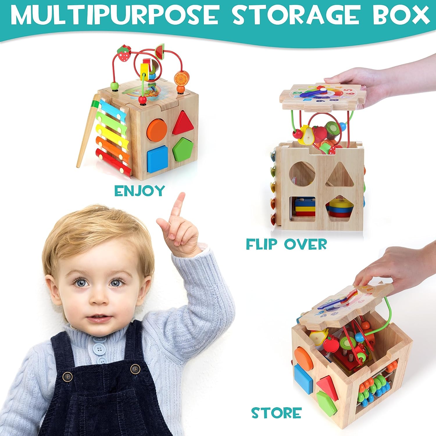 8-in-1 Houten Activiteitenkubus voor Peuters – Montessori Ontdekkubus met Xylofoon & Kralenframe | Sansoti