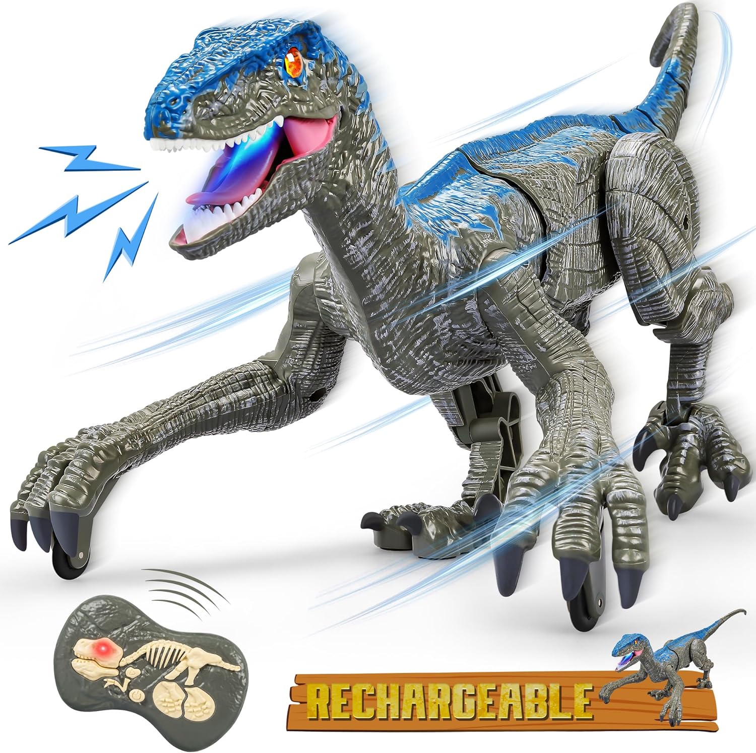 Ferngesteuerter Dinosaurier-Roboter Velociraptor mit Fernbedienung, 45cm, Grau Gelb, Spielzeug für Kinder | Sansoti