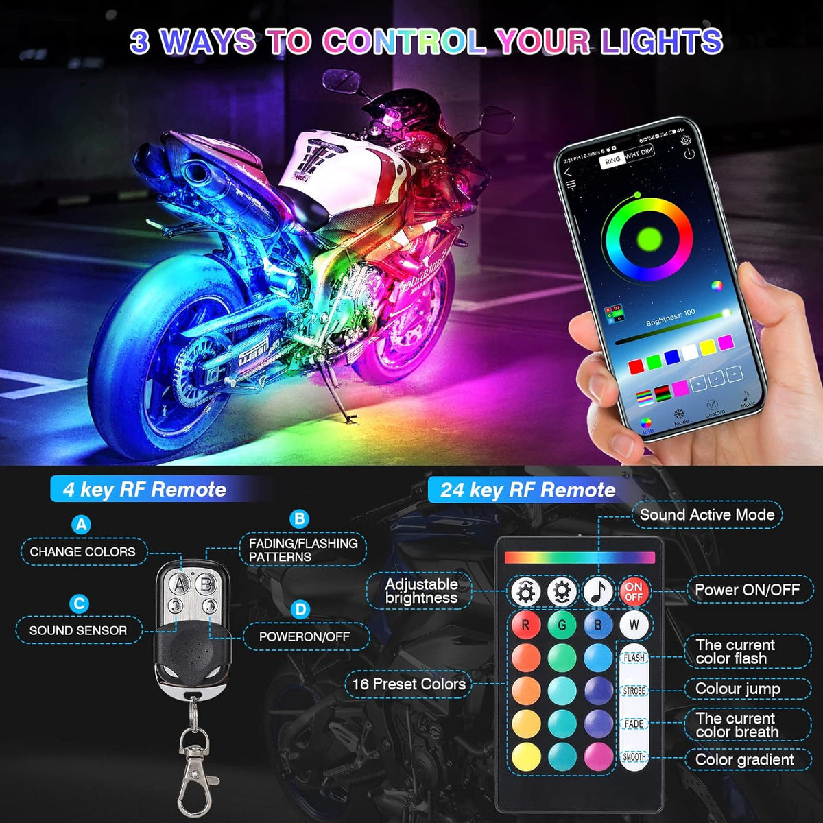 RGB LED-Stripset Motor 12-delig met Rem Richtingaanwijzer Verlichting Bluetooth App Motorfiets Sfeerverlichting | Sansoti