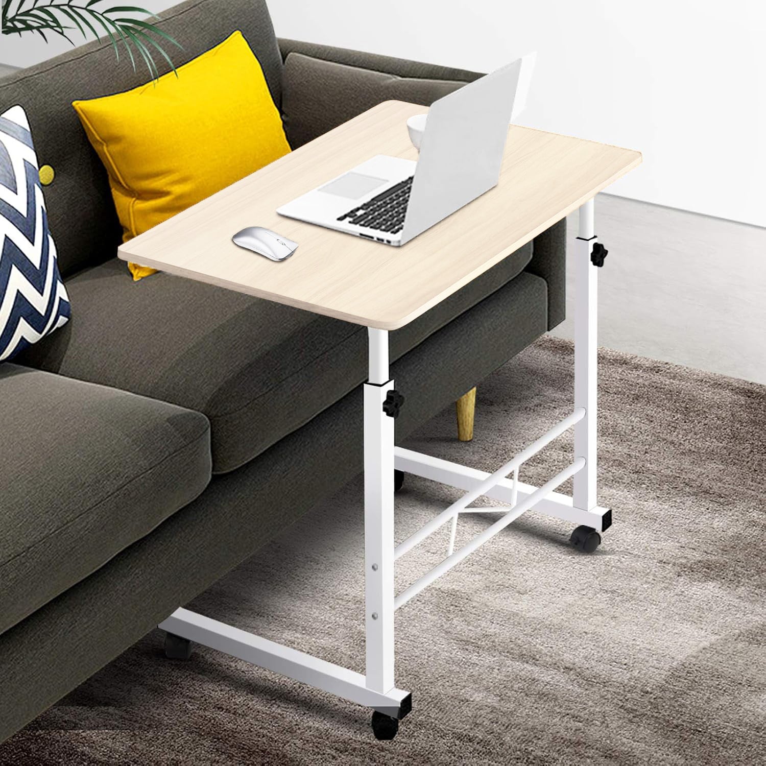 Verstelbare Laptoptafel Op Wielen Wit Staal Hout Hoogte Instelbaar Sofa Bijzettafel | Sansoti
