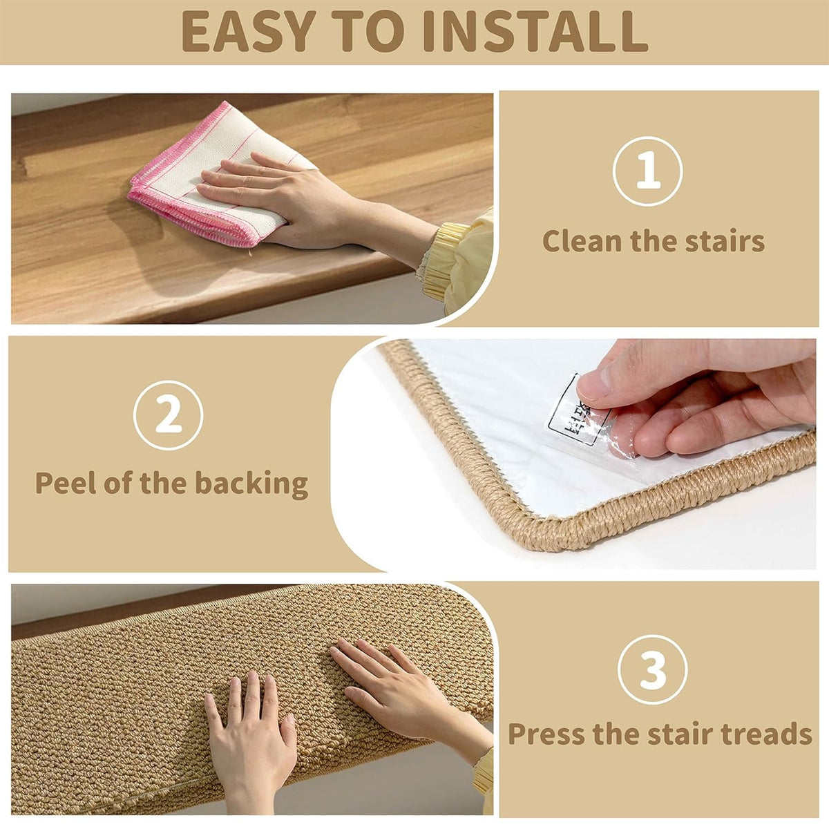 14 tapis d’escalier avec nez antidérapant, beige, 75x24cm, protection et revêtement pour marches d’escalier | Sansoti