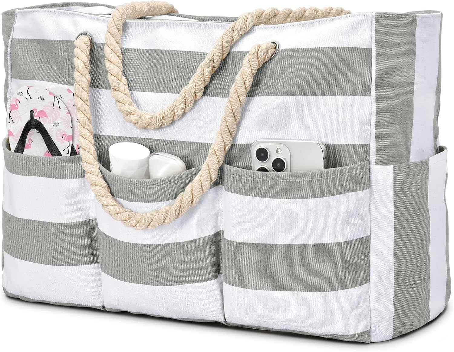Strandtas XXL Canvas met Rits Waterdicht 7 Vakken Zandvrij Zwembadtas Reistas Shopper Schoudertas voor Vakantie | Sansoti