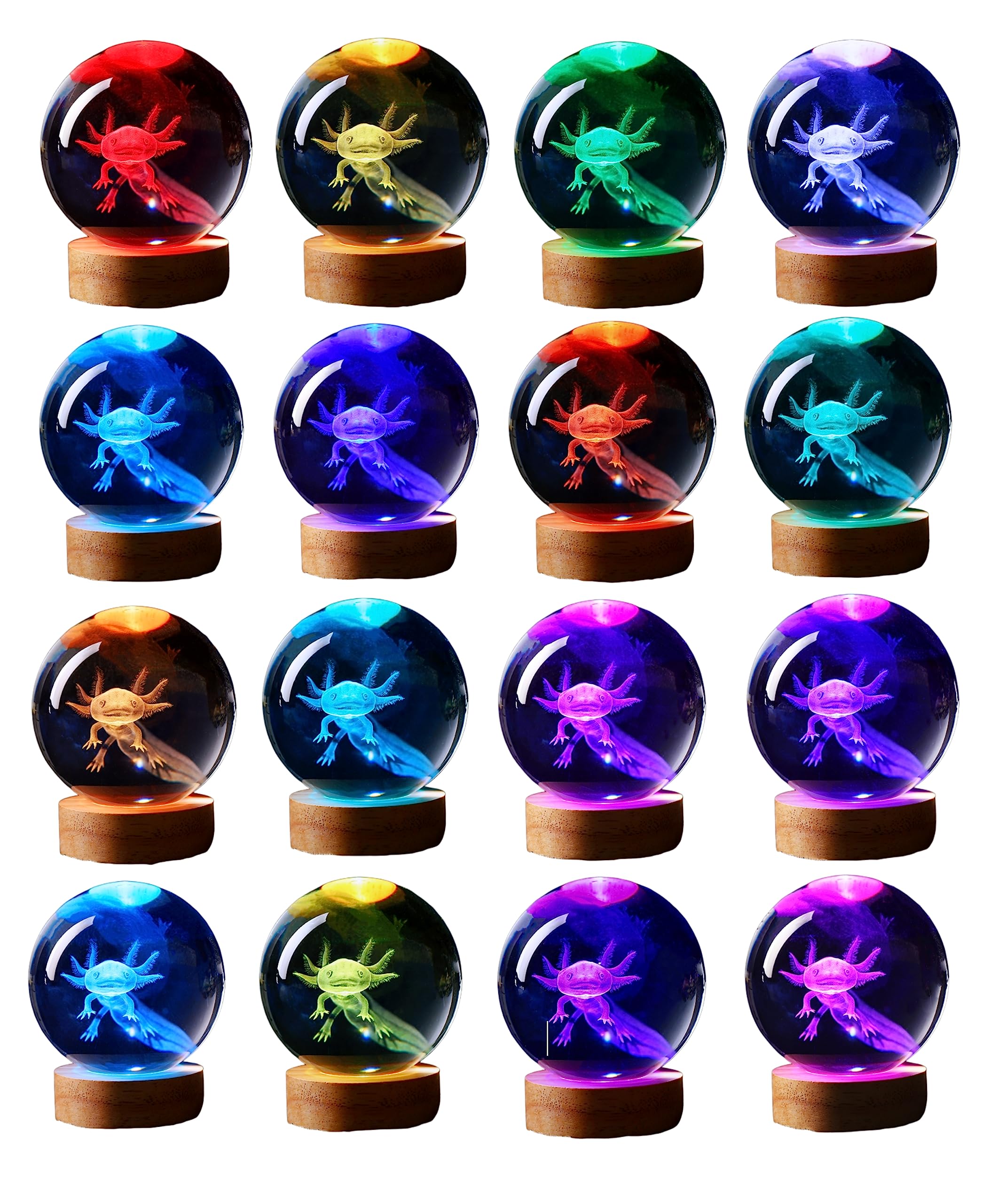 3D Crystal Axolotl Mood Lamp with Wooden Base - 16 Color Light Modes - Ø8cm Crystal Ball with LED Lighting | Sansoti