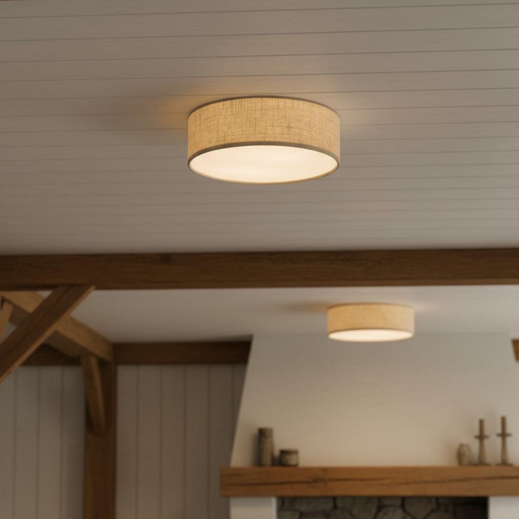 Linen ceiling lamp with drum shade, modern design, E27 socket, Scandinavian style, bedroom, living room | Sansoti