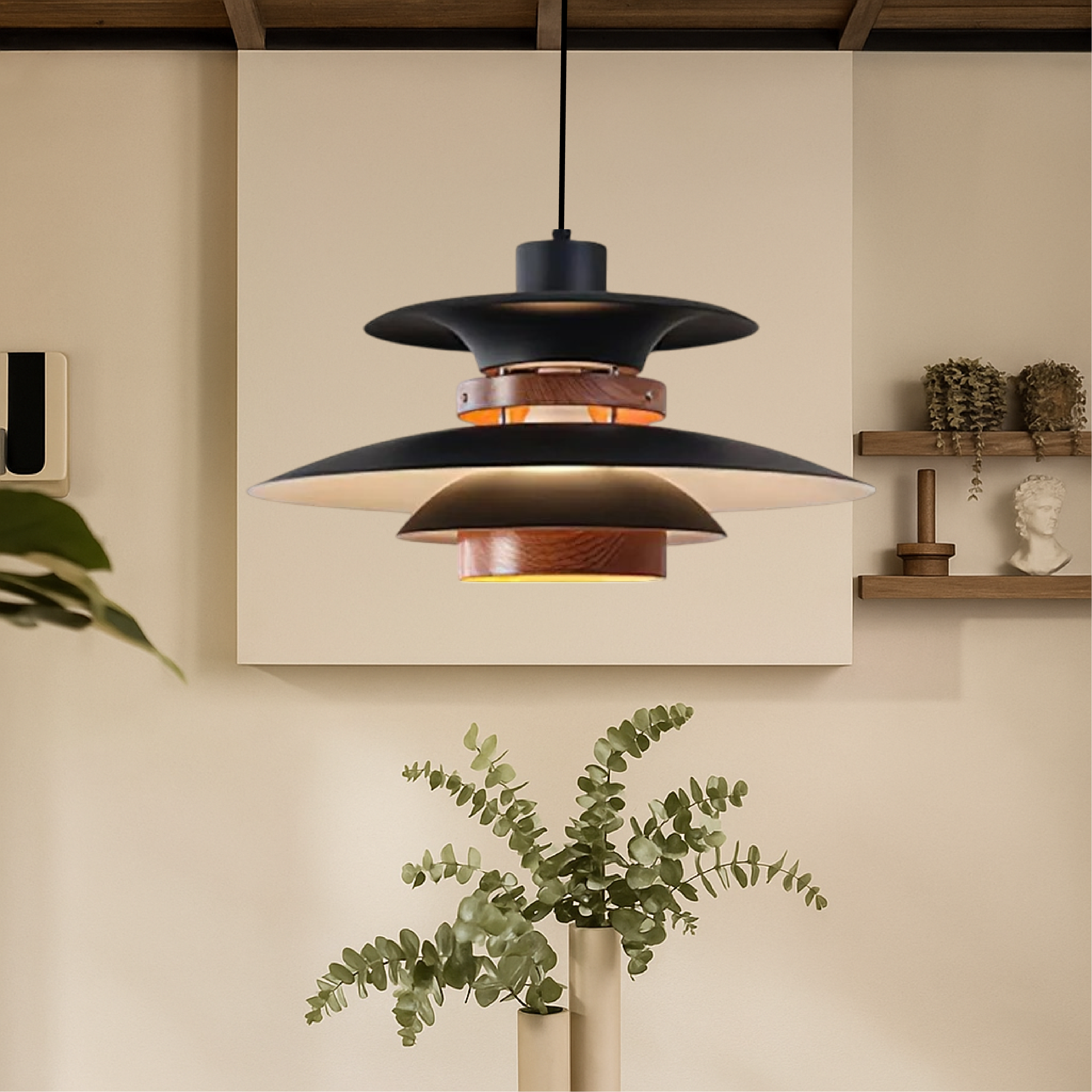 Merado Schwenkarm Pendelleuchte Metall Holz schwarz Esszimmer Beleuchtung verstellbar skandinavisches Design Pendelleuchte moderne Hängeleuchte | Restfield