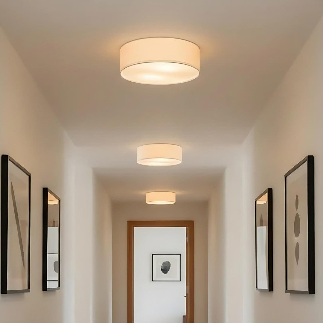 Linen ceiling lamp with drum shade, modern design, E27 socket, Scandinavian style, bedroom, living room | Sansoti