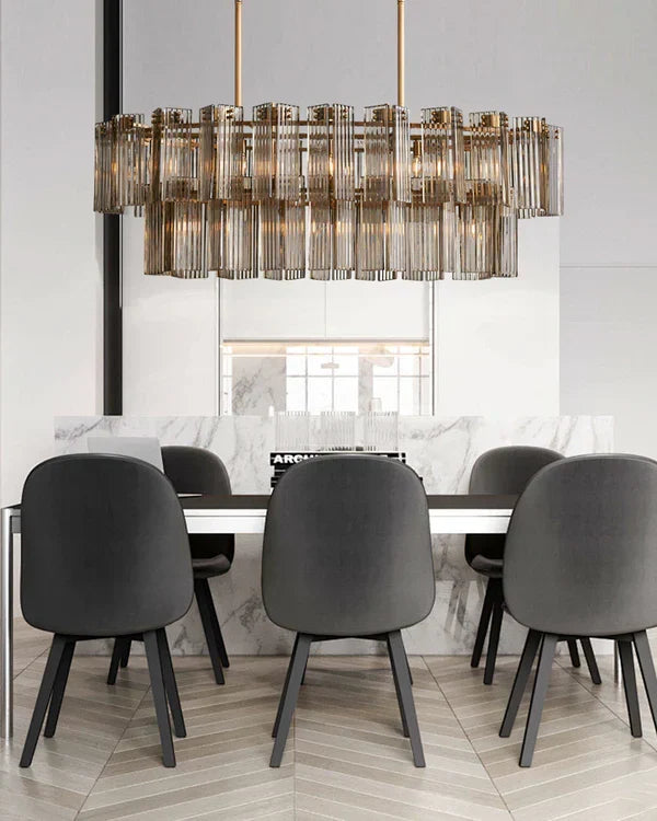 Ovale Kroonluchter Geribbeld Glas Stalen Frame 51-72cm Instelbare Hoogte E12 Fitting Messing Brons Eetkamer | Sansoti