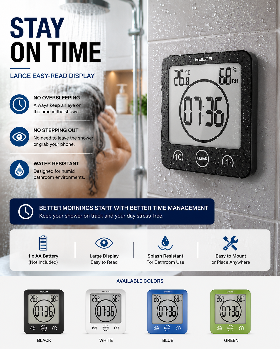 Waterproof Bathroom Clock with Suction Cup 10cm Shower-Resistant Time Display for Damp Spaces Shower Bath Sauna | Sansoti