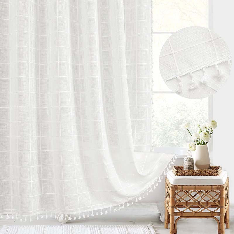 Duschvorhang Leinen Bohemian Wasserdicht Quasten 180x200cm Badezimmer Beige Kariert