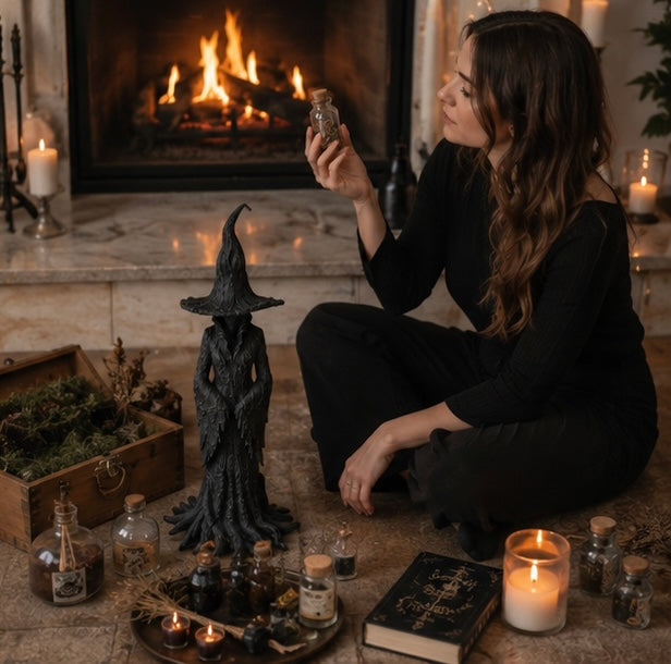 Gothic Witch Resin Sculpture - Mystical Wizard Figure Dark Fantasy Decoration for Living Room Office | Sansoti