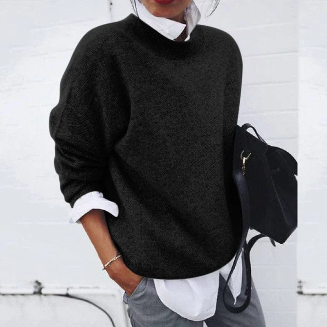 Gestrickter Damenpullover aus Polyester, lockere Passform, lange Ärmel, Rundhalsausschnitt, vielseitig, lässig, elegant, bequem | Sansoti