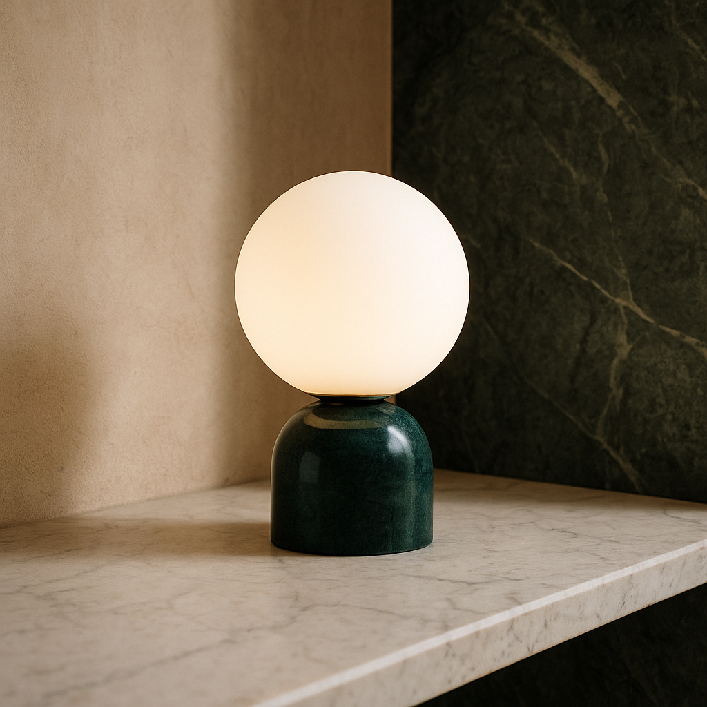 Hindsa Tischlampe Marmor Glas Ø15xH9 warmes Licht 3000K Tischlampe Nachttisch Wohnzimmer Design Beleuchtung minimalistisch skandinavisch | Restfield
