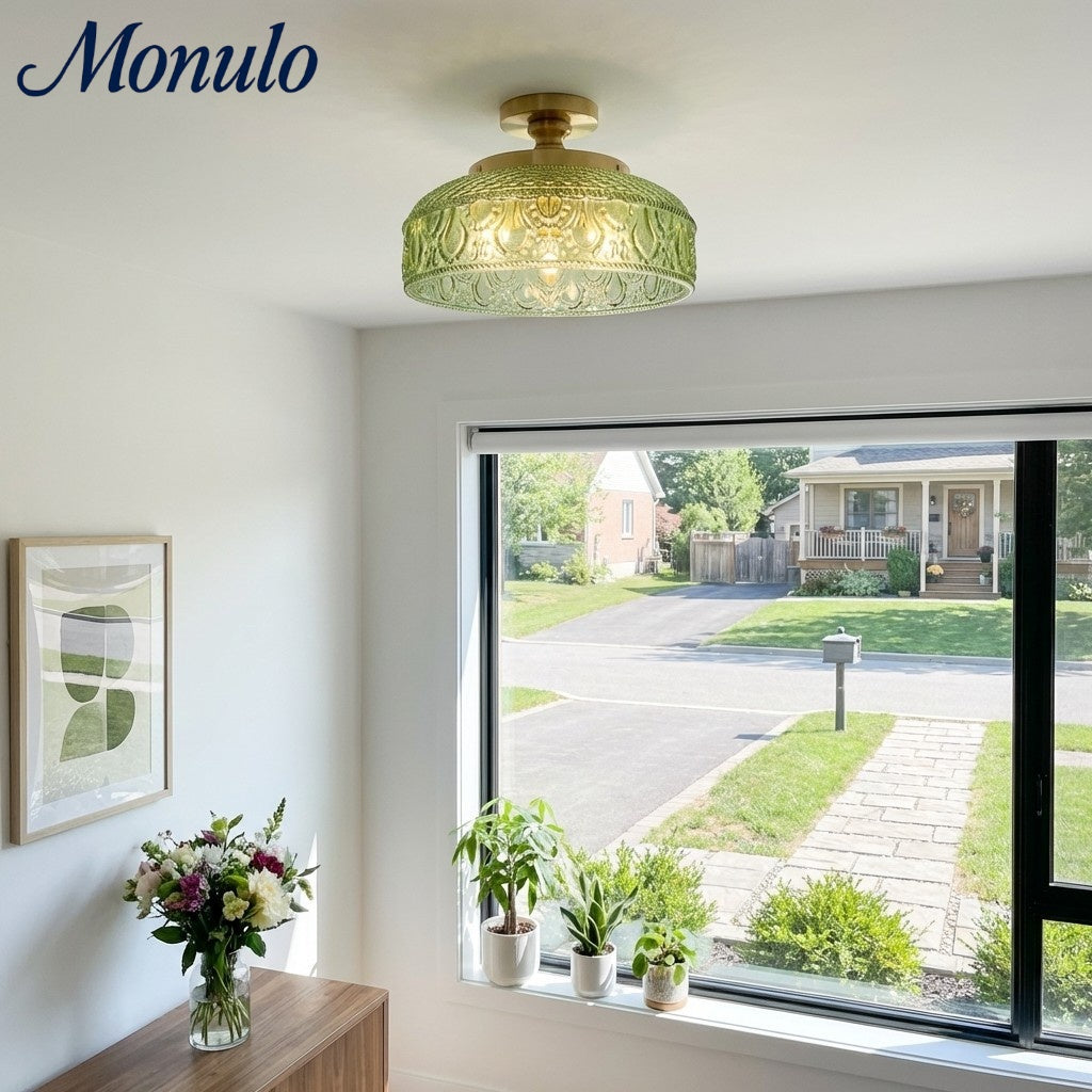 Geribbelde Glazen Plafondlamp met Metalen Armatuur – Minimalistische Verlichting voor Slaapkamer en Gang | Sansoti
