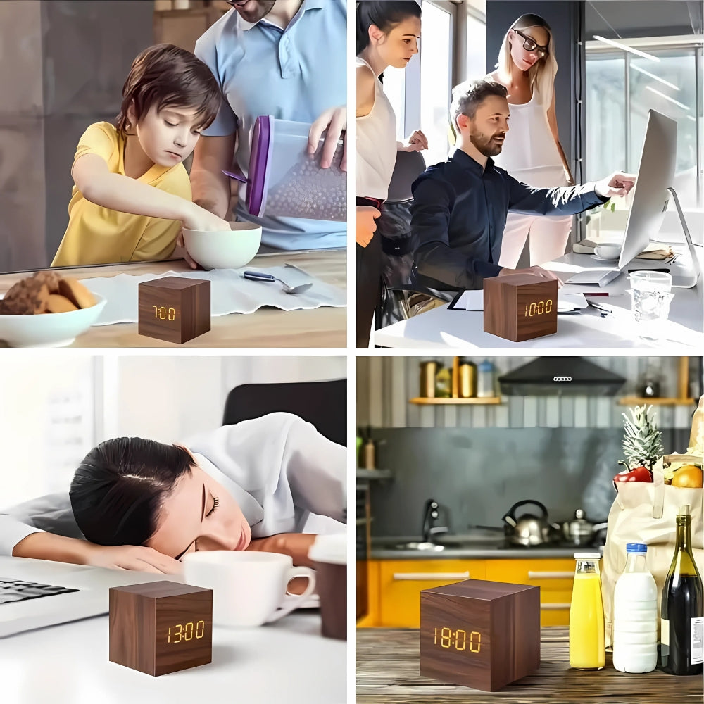 Digitale LED Wekker Kubus met Temperatuur Display Hout Finish | Sansoti