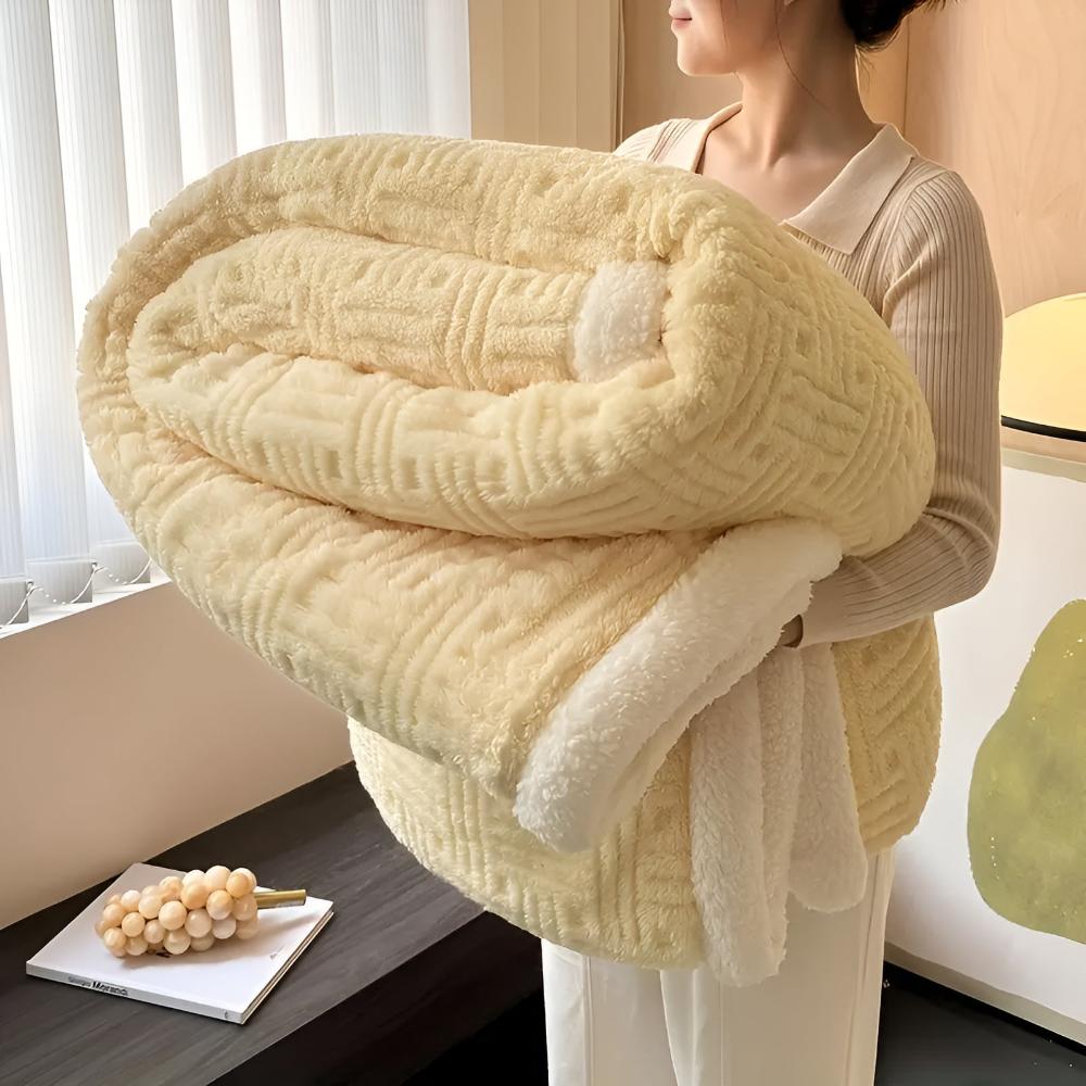 Sherpa Throw Double-Layer Woven Pattern Polyester Soft Warm Beige Gray Pink Green Blue 100-230cm | Sansoti