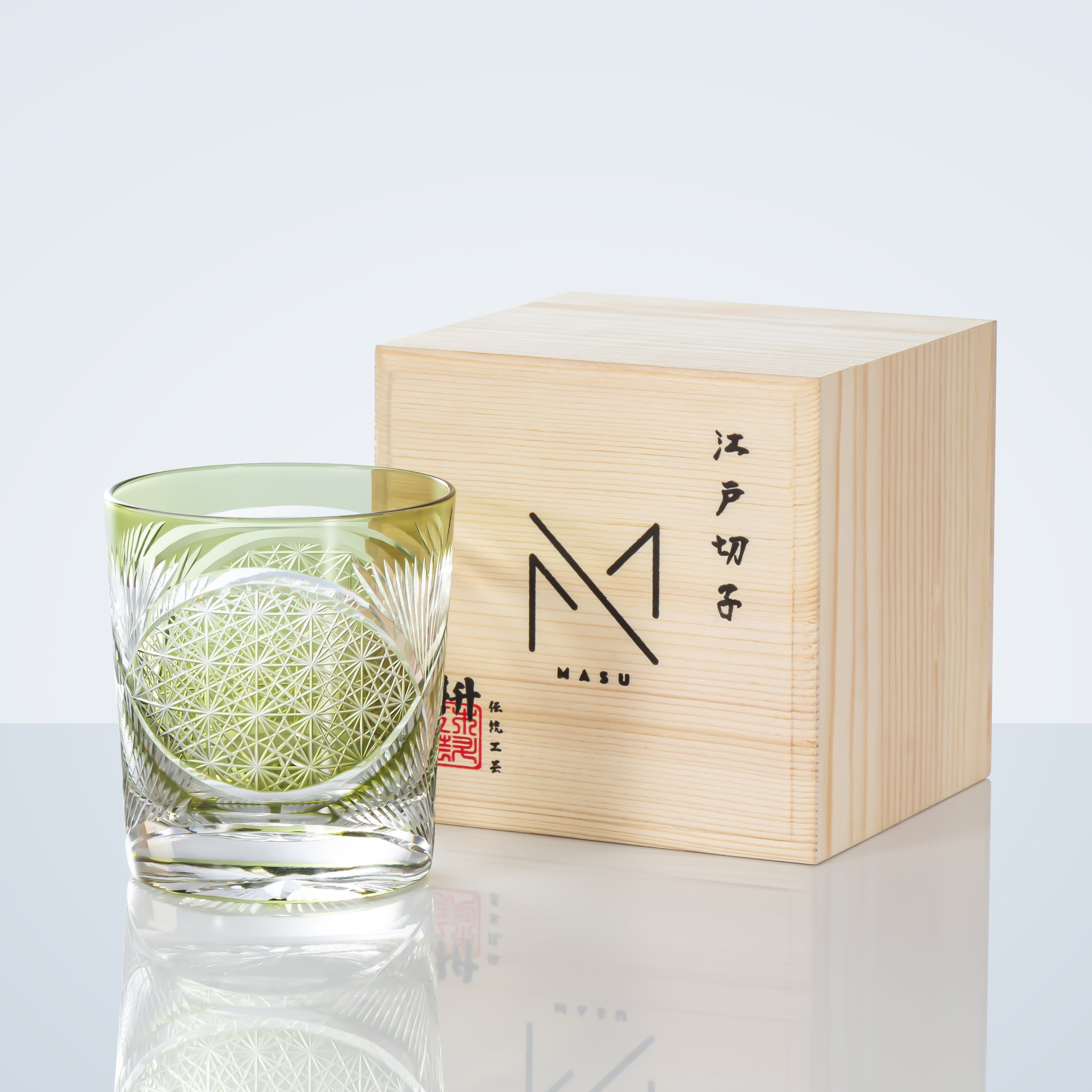 Verre à whisky Edo Kiriko Plume de grue Ambre Fait main Cristal japonais Boîte en bois | Restfield