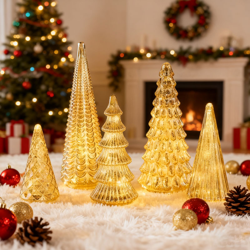 Verlichte Kerstbomen Set 5 Stuks LED Warm Wit Timer Glazen Look Feestelijke Kerstdecoratie Goud Zilver Sfeer | Sansoti