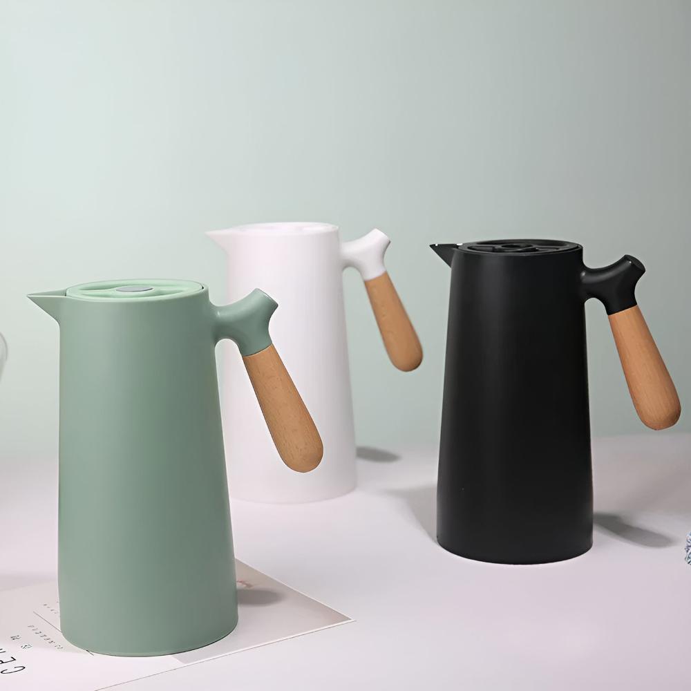 Thermoskan 1L RVS Houten Handvat Beige Keuken Koffie Thee Geïsoleerde Karaf Dubbelwandig Lekvrij Design Karaf Scandinavisch | Sansoti