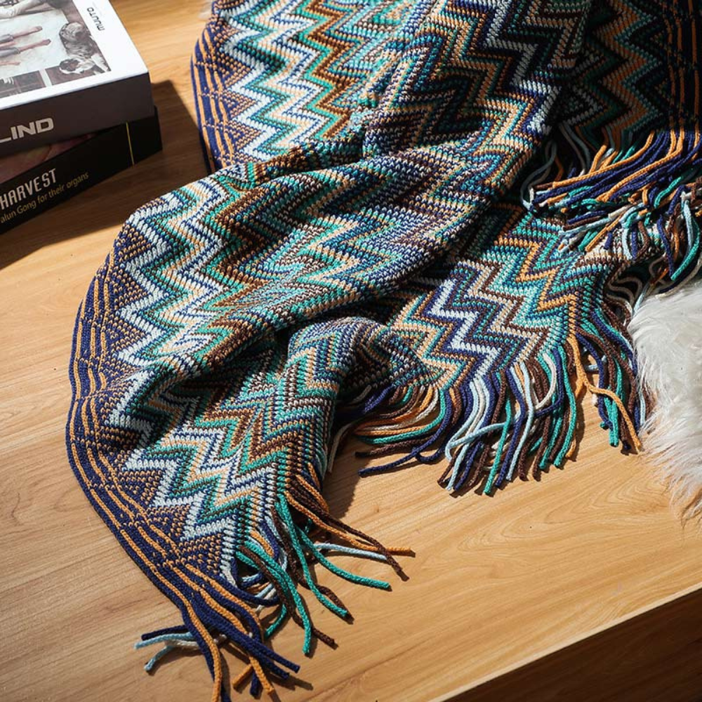 Knitted Throw with Zigzag Fringes – Soft Crochet Blanket for Sofa and Bed, All Seasons, Bohemian Style | Sansoti