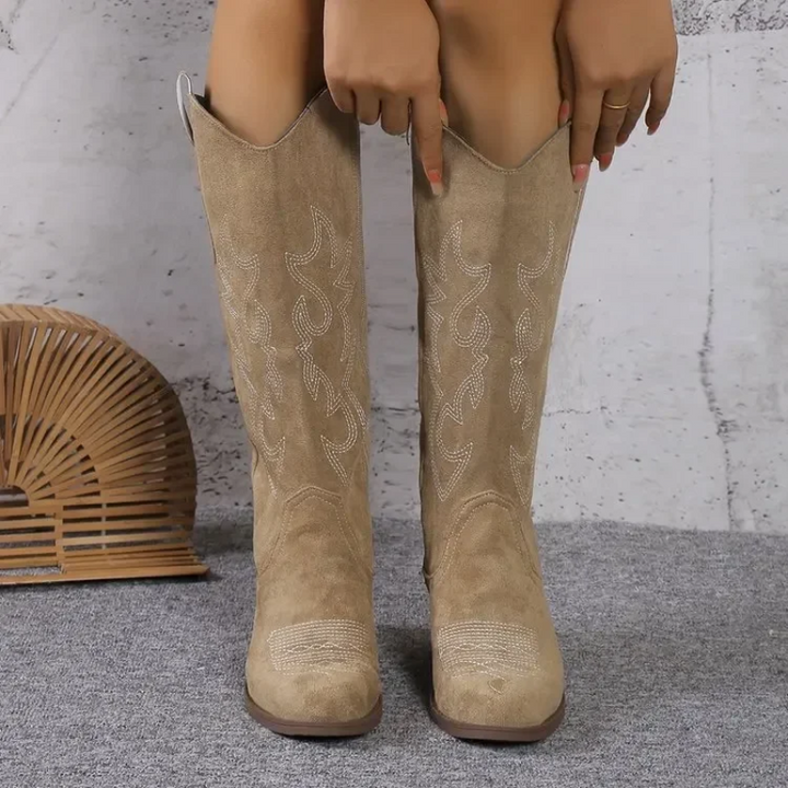 Western Laarzen Dames Suède Kniehoog Cowboylaarzen Hoge Hakken Klassiek Stoer Design Comfortabel Stijlvol | Sansoti