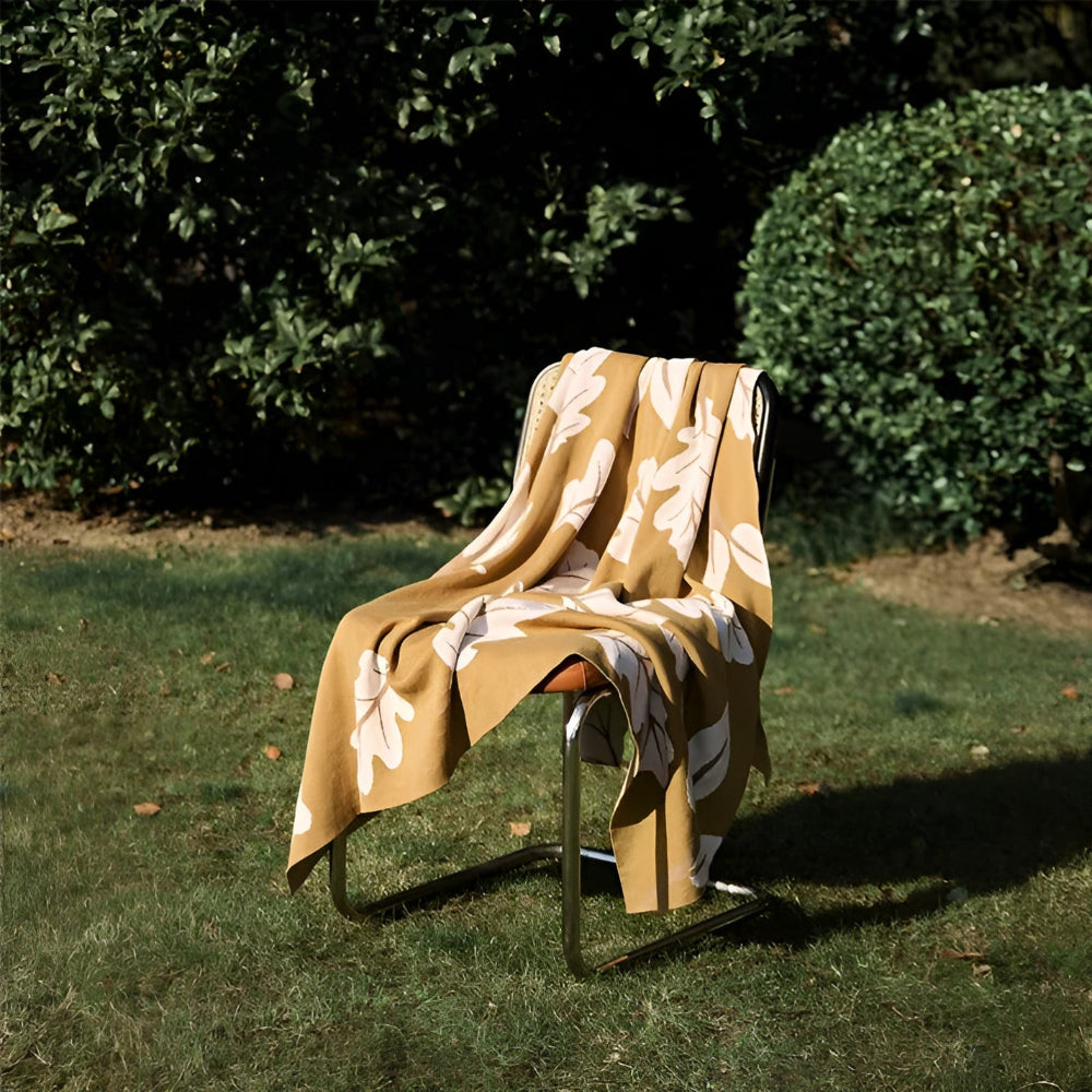 Gestrickte Baumwolldecke mit Blattmuster 130x160 cm Stimmungsvolle Jacquard-Decke mit Naturmuster für Wohnzimmer und Sofa | Sansoti