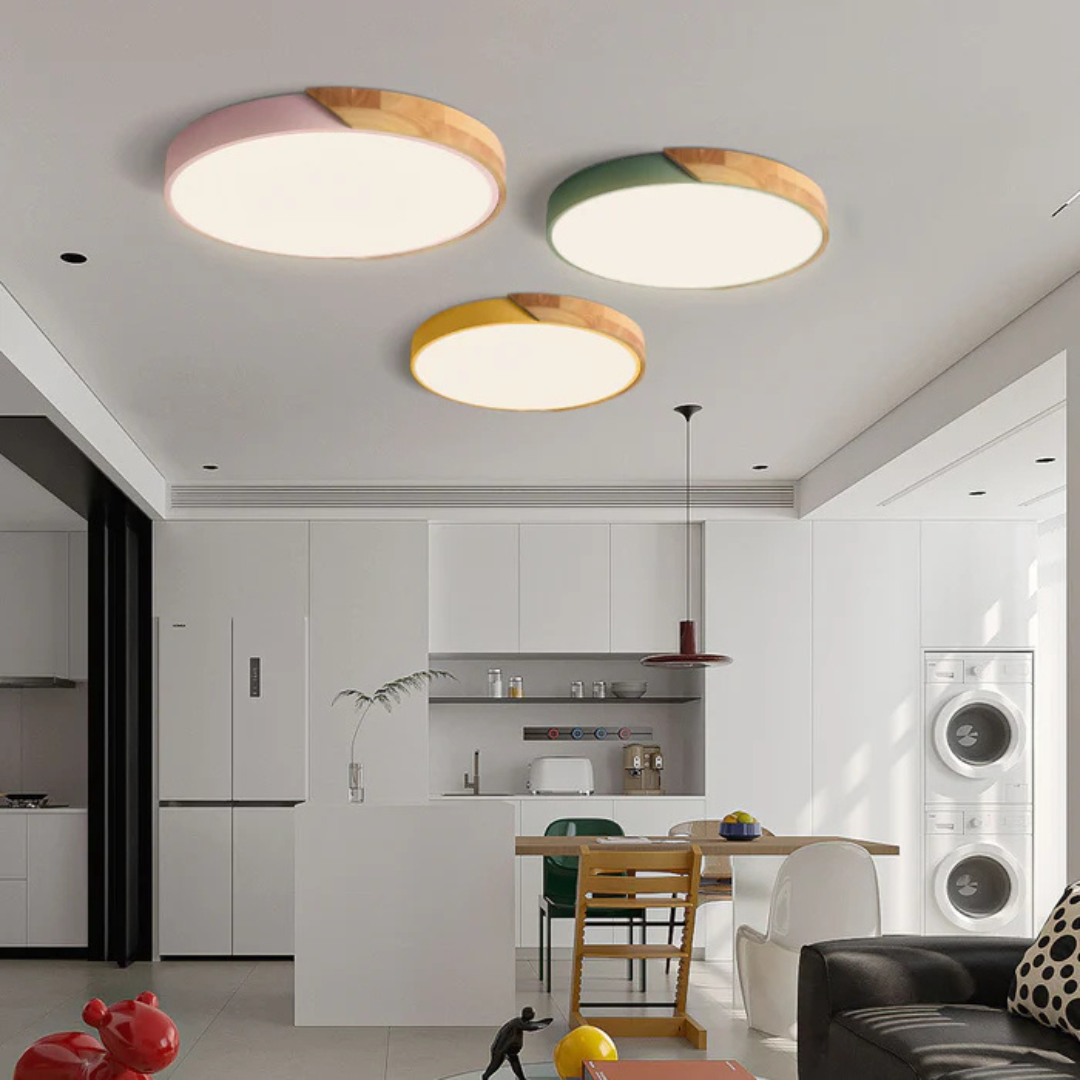 Holz-Deckenlampe LED skandinavisches Design warmweißes Licht rund Acryl Naturholz Deckenbeleuchtung Wohnzimmer | Sansoti
