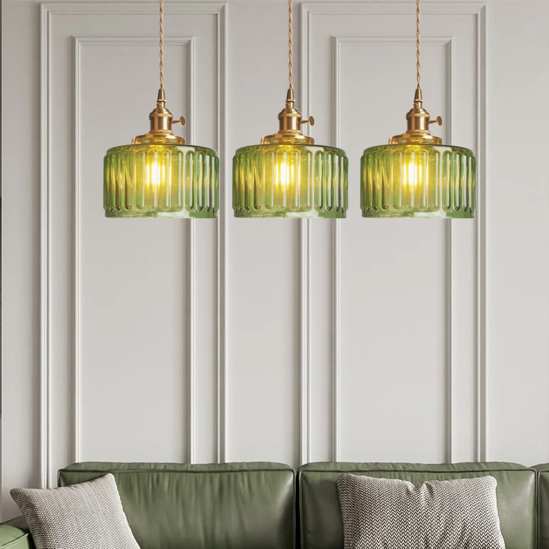 Quilivon Hanglamp Glas Messing Groen E27 Keuken Eettafel Retro Verlichting Geribbeld Glas Design | Sansoti