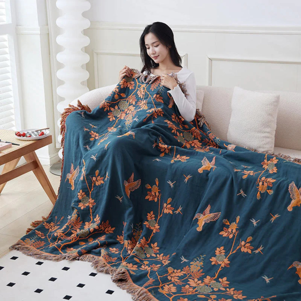 Meerlaagse Gazen Katoenen Plaid met Kwasten en Jacquardpatroon voor Bed en Bank | Sansoti