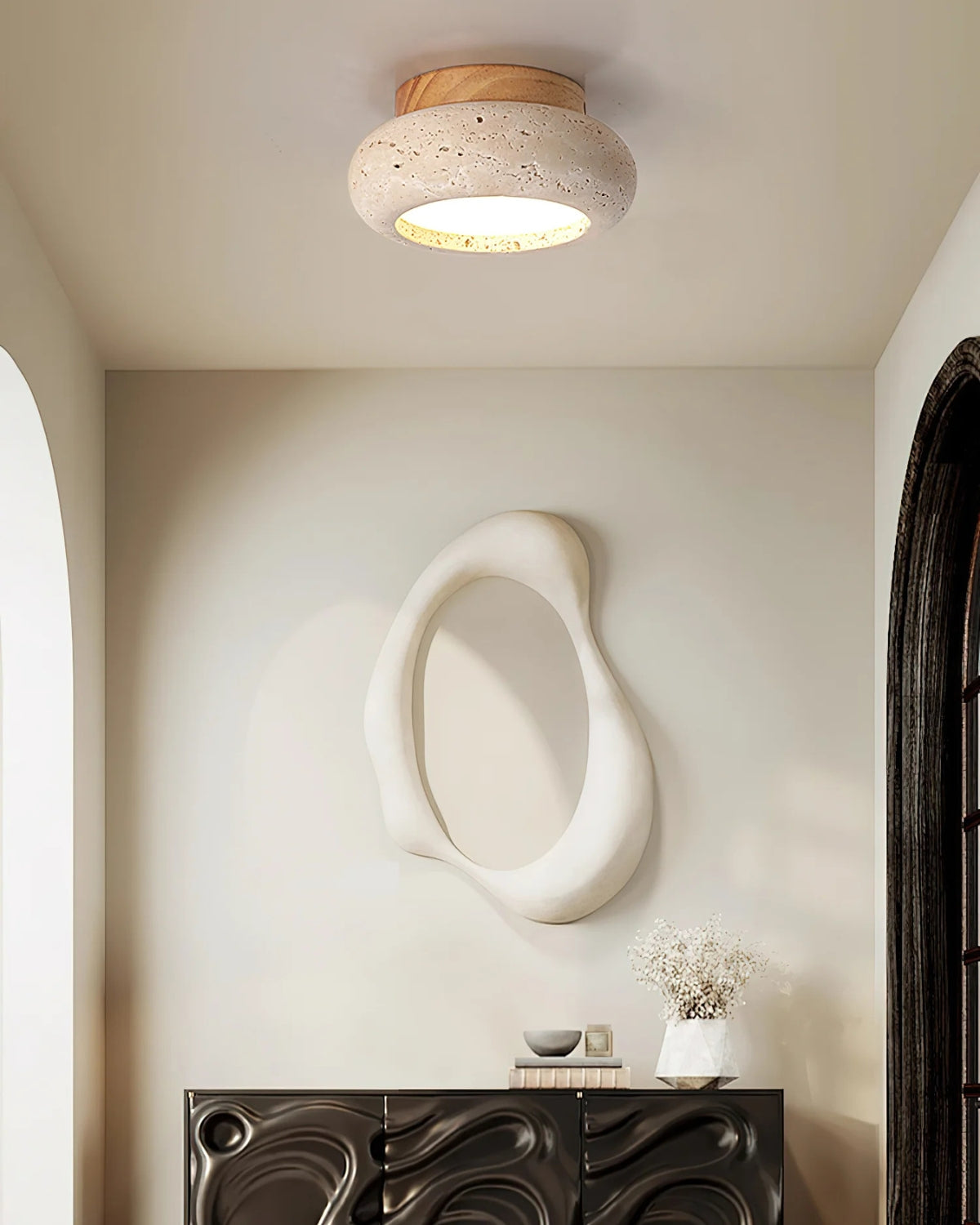 Plafondlamp acryl natuurtinten walnoot beige woonkamer slaapkamer gang warm licht diffuus elegant Scandinavisch design modern minimalisme interieur verlichting | Sansoti