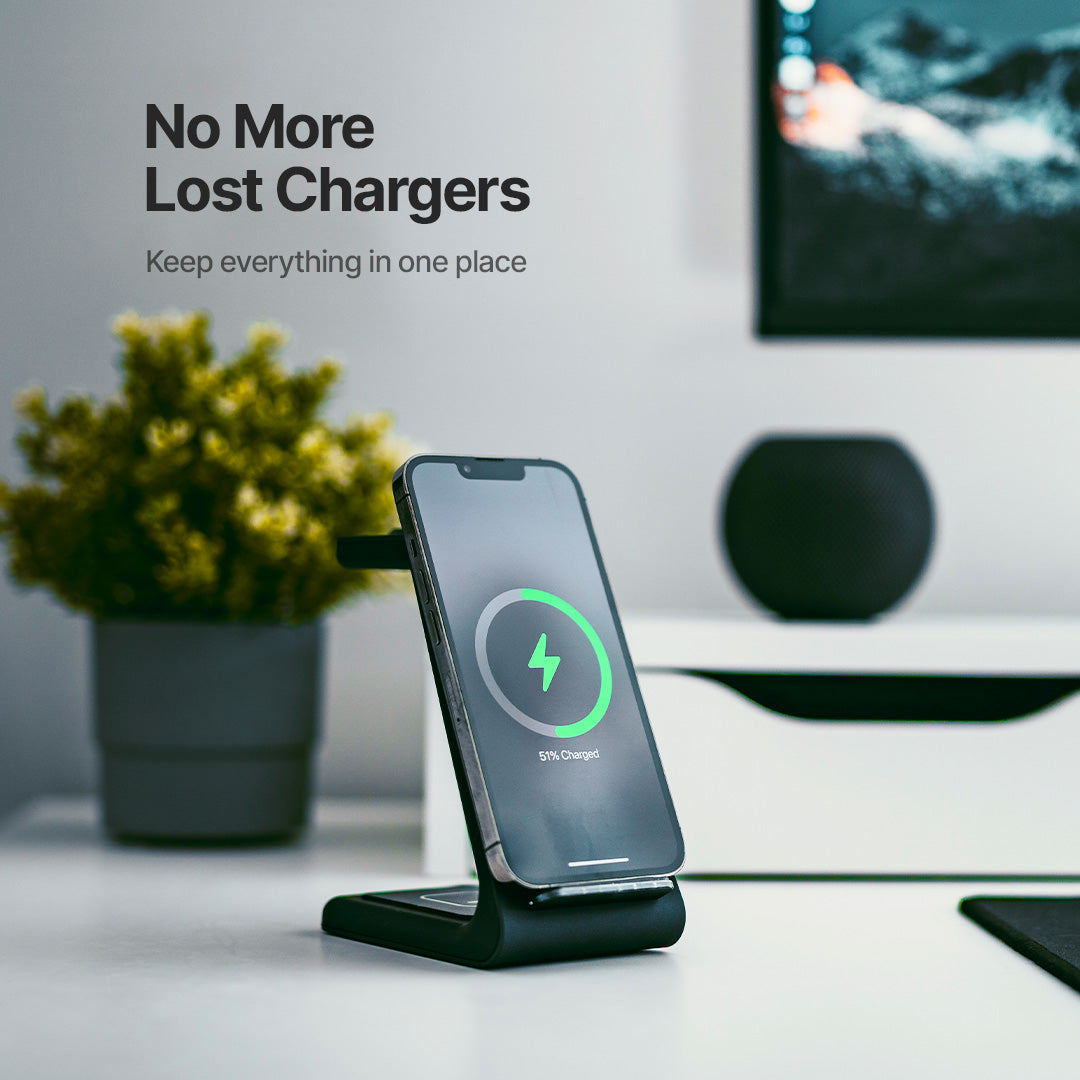 Station de recharge magnétique 3-en-1, chargeur rapide pour téléphone, montre connectée et écouteurs, recharge sans fil, noir blanc | Sansoti
