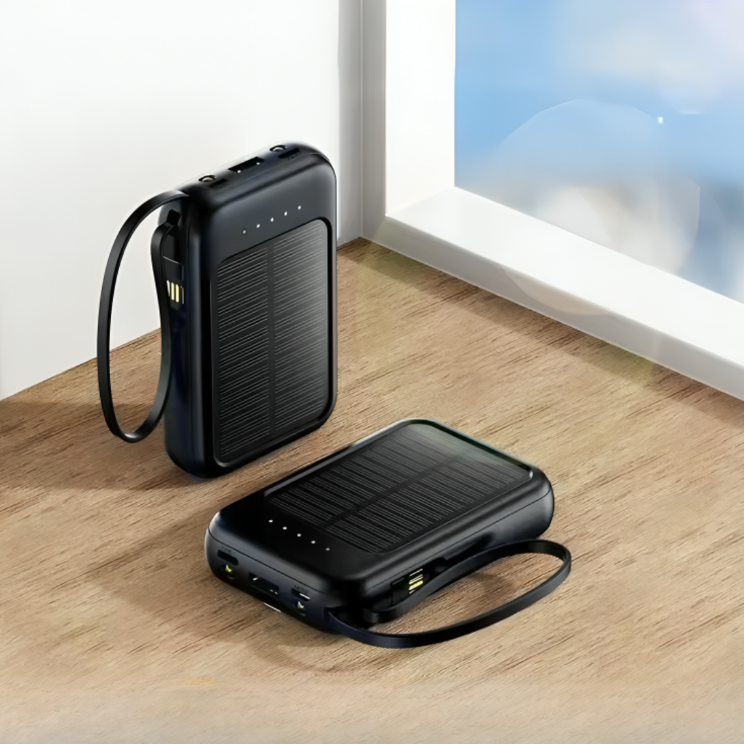 Oplaadbare Powerbank 20000mAh met Zonnepaneel, LED-Zaklamp en Ingebouwde Kabels – Draagbare Noodaccu met Dubbele USB- en Type-C-Aansluiting voor Smartphone en Tablet | Sansoti
