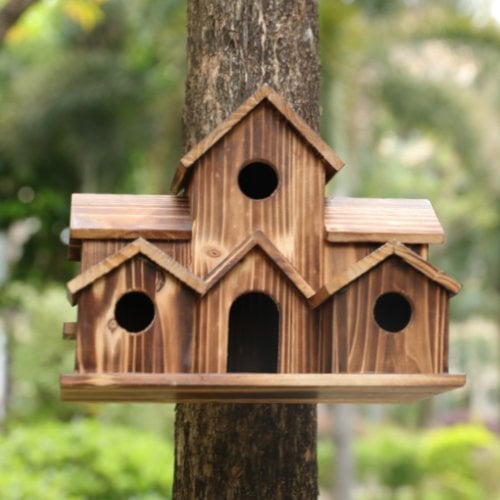 Vogelhuisje Hout 20cm Bruin Hangend Tuin Vogelhuis Nestkast 6 Gaten Buiten Balkon Decoratie Natuur | Sansoti