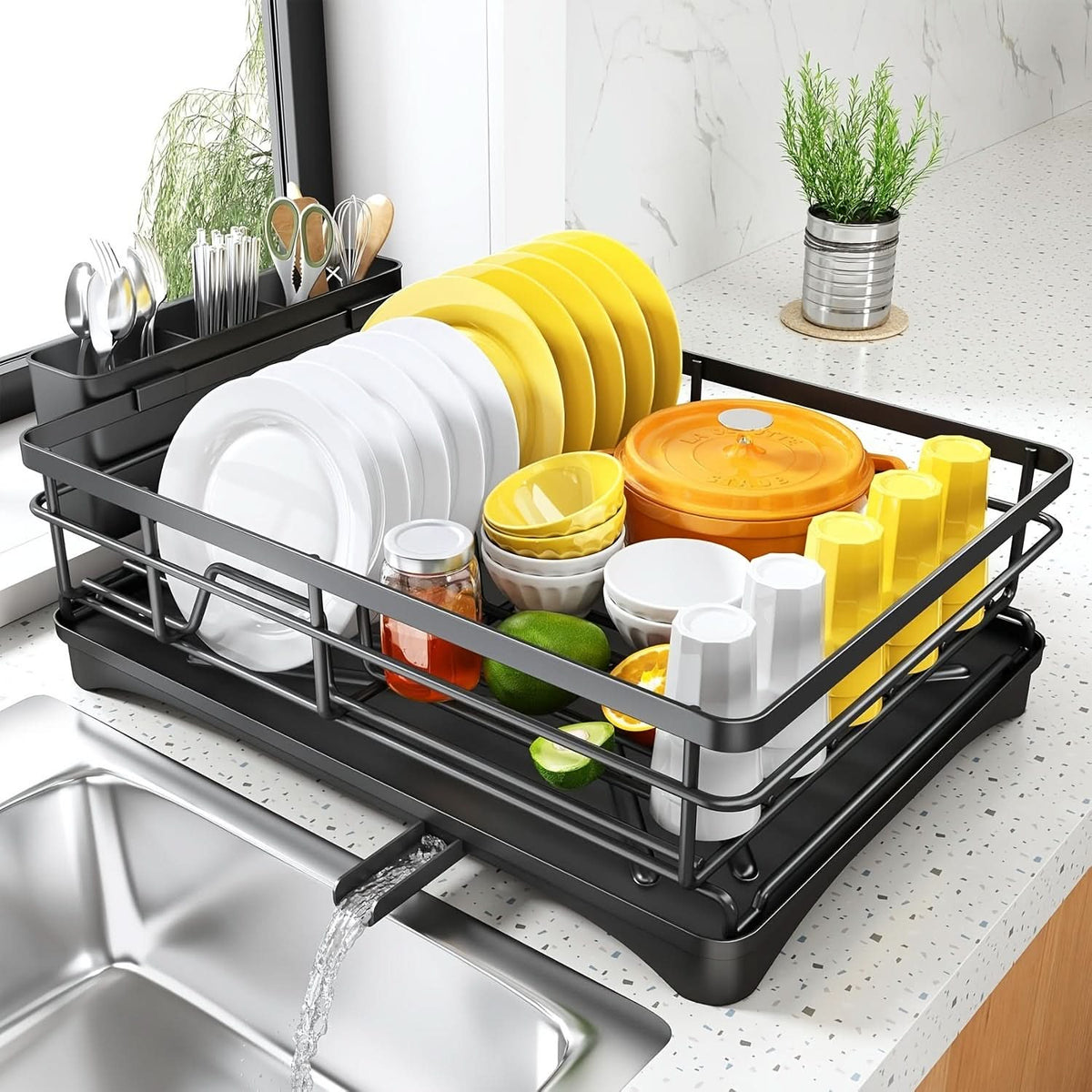 Abtropfgestell aus Metall mit Besteckhalter, schwarz-weiß, Küchenorganizer, Geschirrtrockner, kompaktes Design, Abtropfgestell | Sansoti
