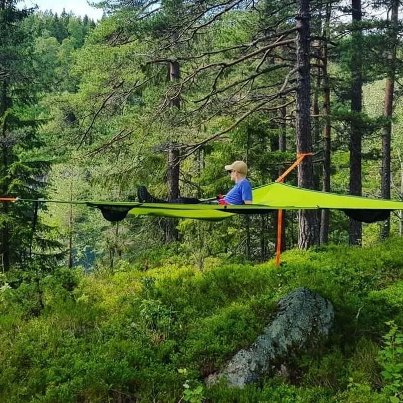Driehoekige Hangende Camping Relaxmat voor Meerdere Personen – Luchtbed voor 3 Punten met Bevestigingsset 280x280 of 400x400 cm Groen Zwart | Sansoti