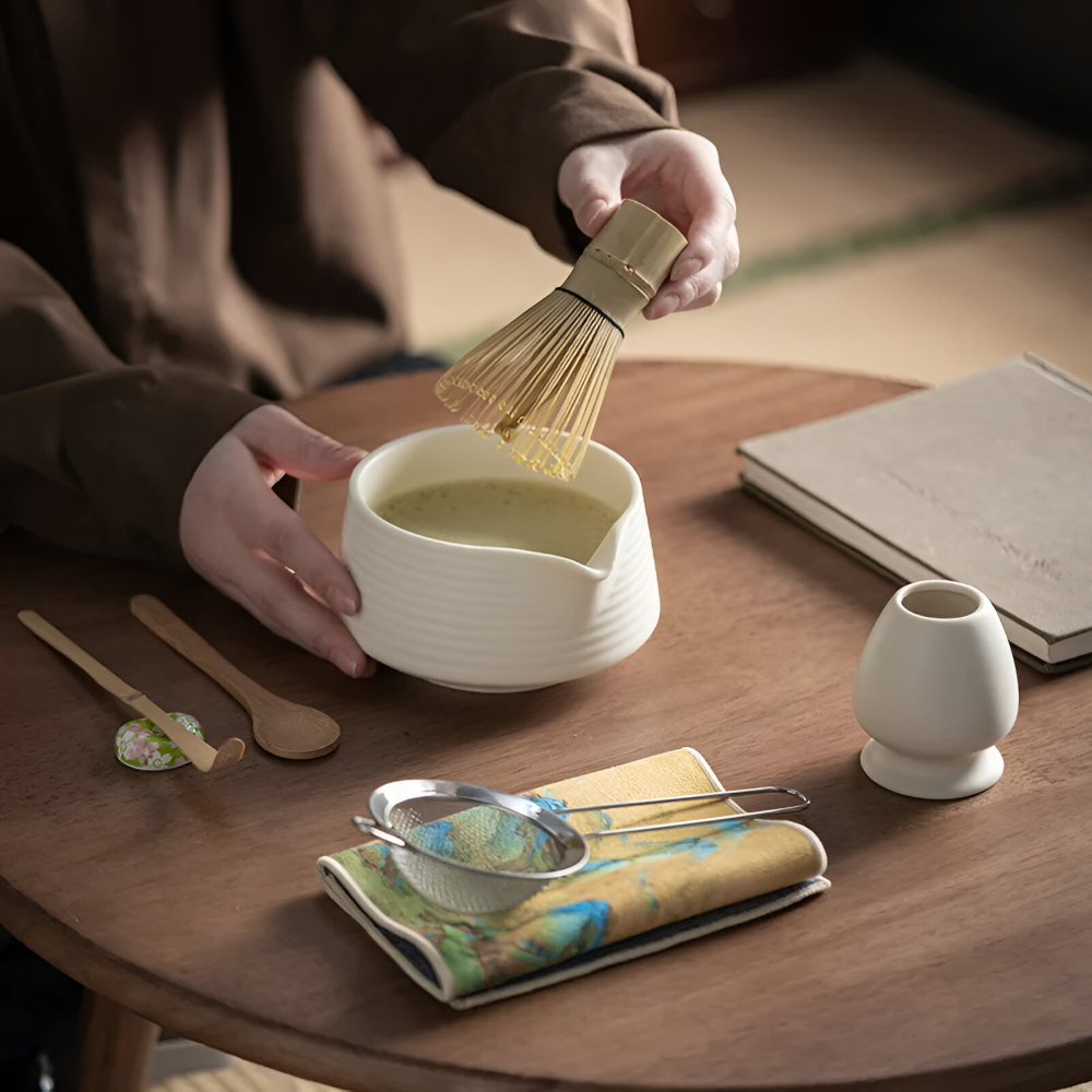 Matcha Ceremonieset 8-delig Keramiek & Bamboe 500ml Kom met Klopper Zeef Lepels Theedoek Houdertjes Authentiek | Sansoti