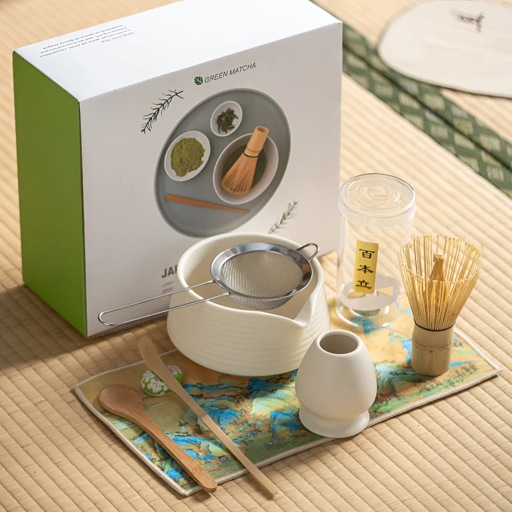 Matcha Ceremonieset 8-delig Keramiek & Bamboe 500ml Kom met Klopper Zeef Lepels Theedoek Houdertjes Authentiek | Sansoti