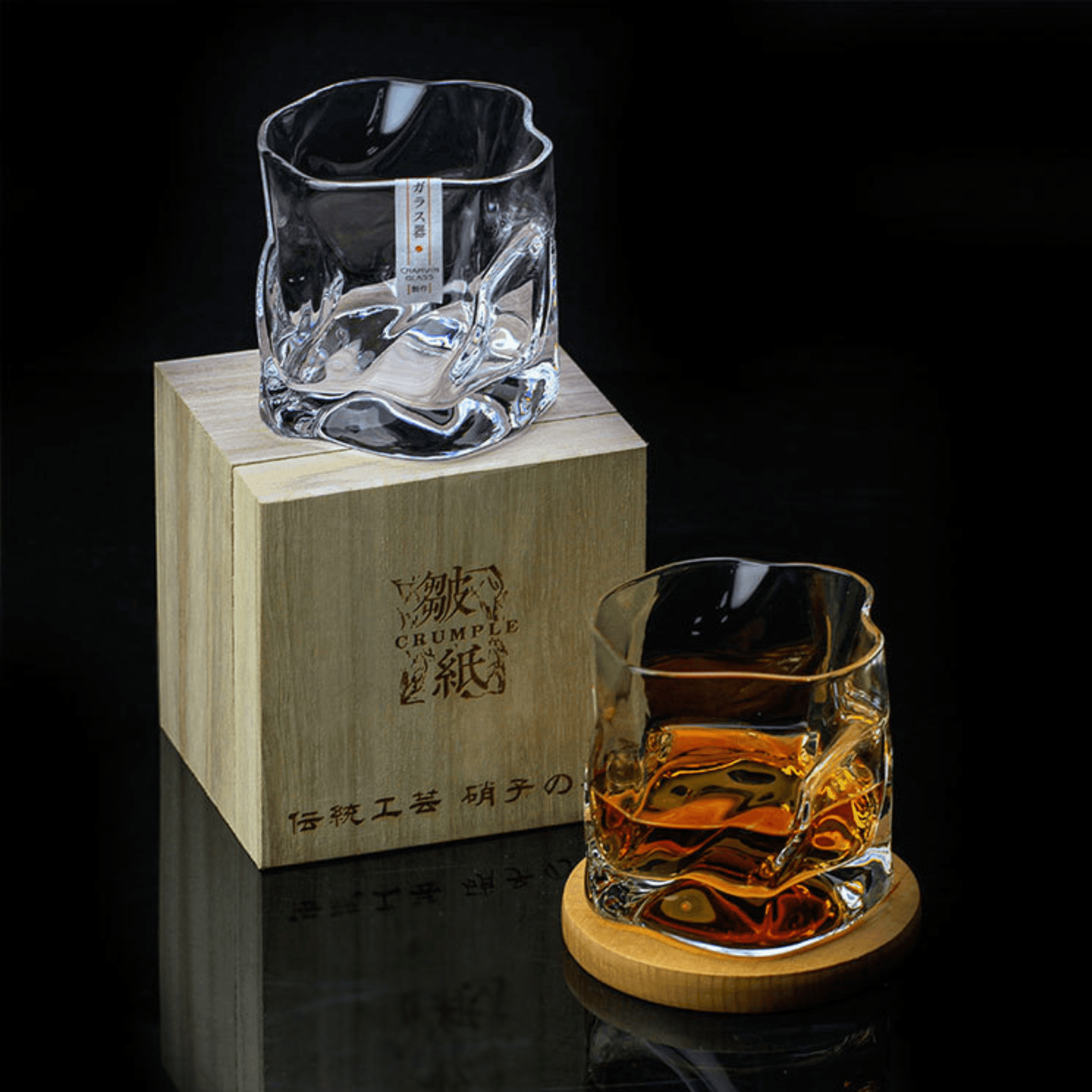 Geslepen Whiskyglas met Gerimpeld Reliëf in Kristal | 300ml Tumbler voor Spirits & Likeur | Premium Japanse Slijptechniek met Houten Presentatiebox | Sansoti