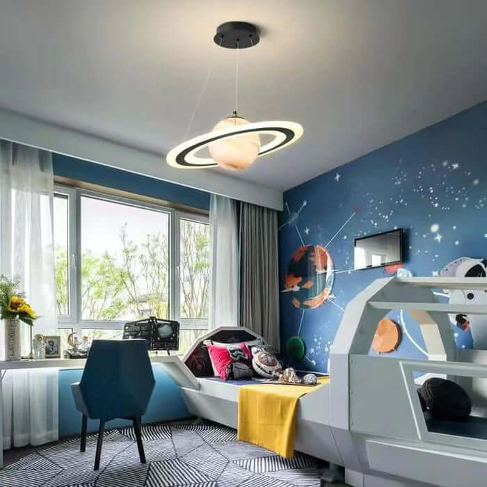LED Hanglamp Kinderkamer Planeet Metaal Acryl Glas Blauw Plafondlamp Kabel Ophanging Sfeerverlichting Kinderkamer | Sansoti