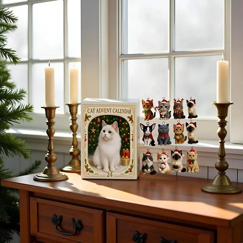Adventskalender mit 24 Katzen-Acrylfiguren, Weihnachtsdekoration zum Aufhängen, für Kinder, Feiertage, Dezember-Countdown | Sansoti